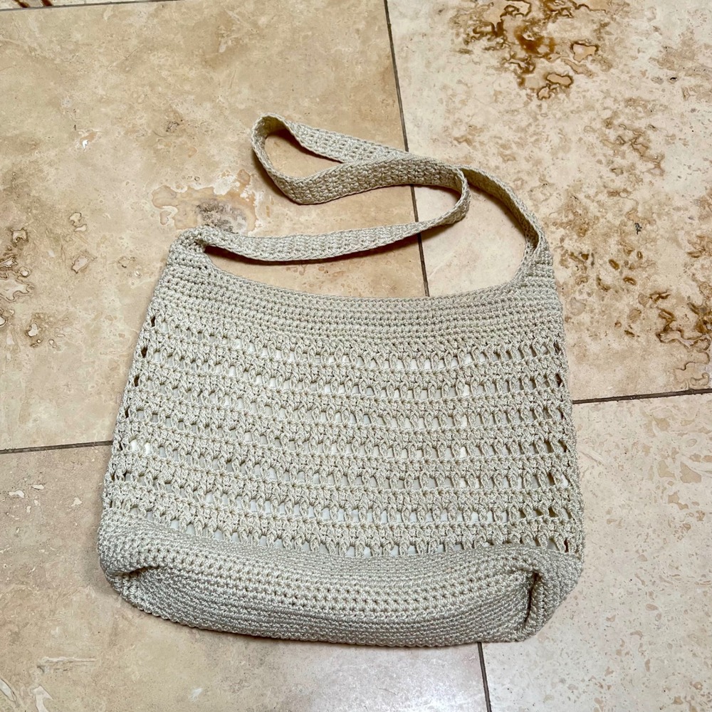 The Sak Crochet Hobo Bag Cream Beige Woven Shoulder Bag Neutral Boho Beachy